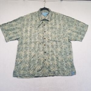 Bermuda Bay Mens XL Silk Button Front Camp Hawaiian Shirt Green Palm Floral